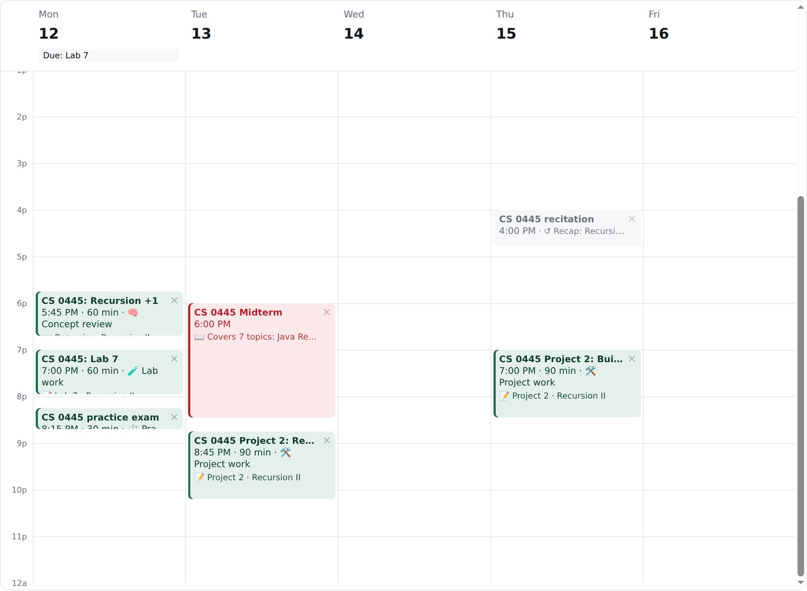 A midterm week in @me: the exam, project milestone sessions, a lab session, and a practice exam, each labeled with what it covers